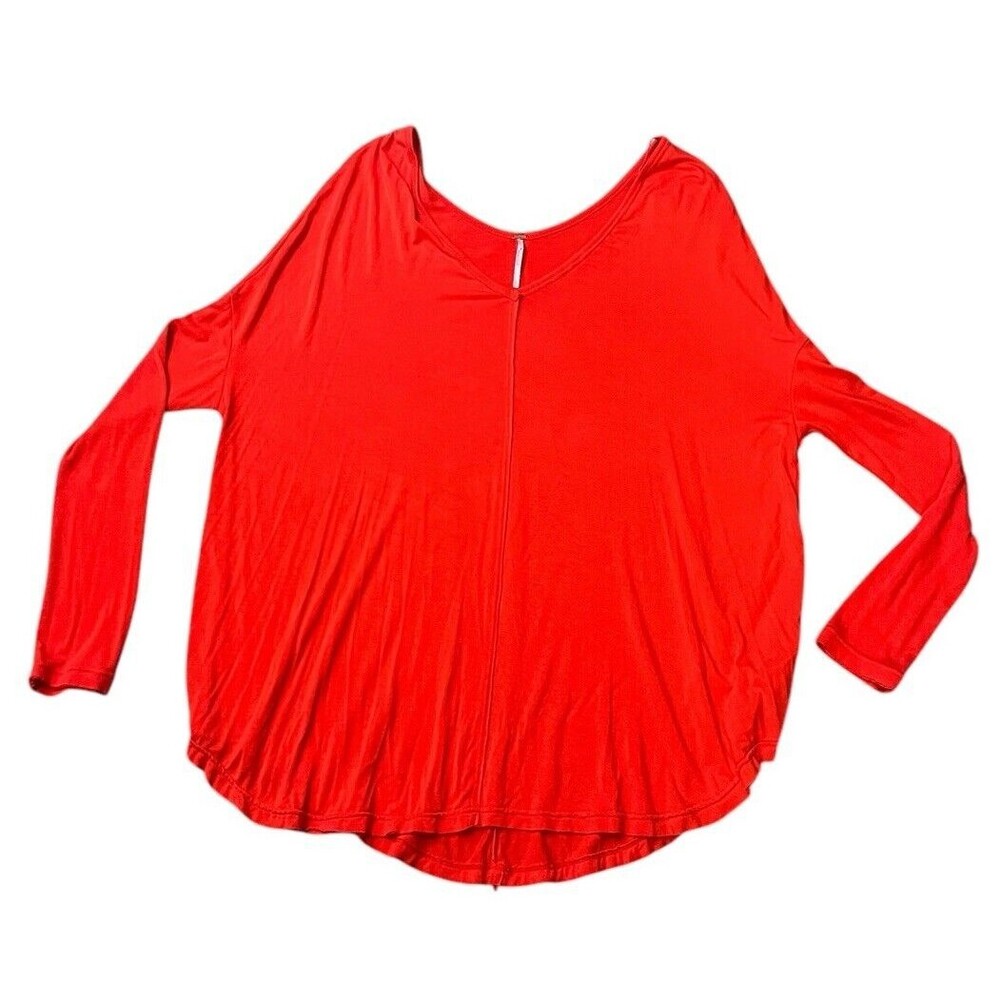 Free‎ People Women's Sz Large Red Long Sleeve V-Neck Moonshine Tunic Tee Top